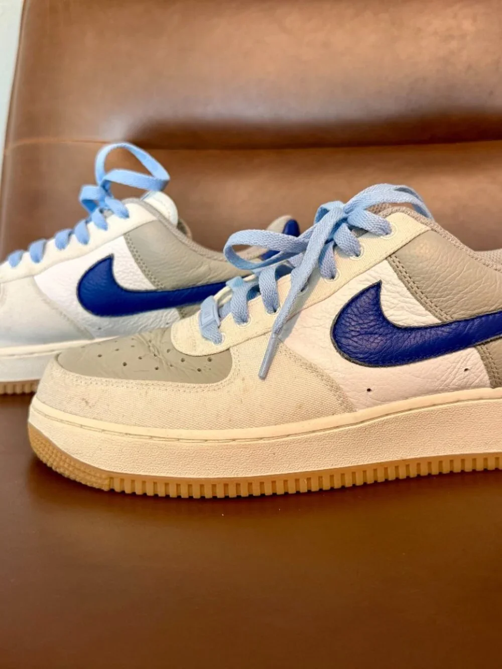 Nike Air Force 1, blue swoosh, grey panels, gum sole, Size 9M